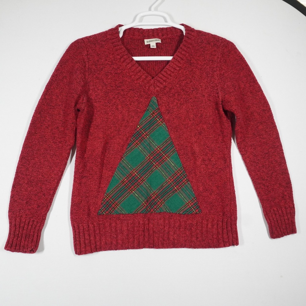 St. John's Bay Sweater Women M Red Christmas Tree Plaid V-Neck Holiday Festive